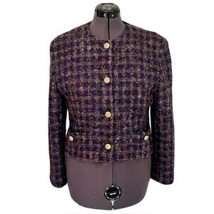Vintage Ann Taylor Purple Tweed Wool Blend Wide Shoulder Cropped Blazer, Size 14